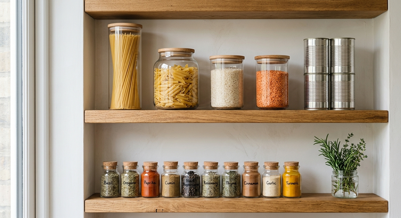 Pantry shelves with pasta, rice, tomatoes and spices